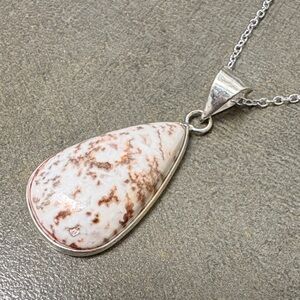 White and Brown Teardrop Jasper Pendant 925 Stamped Necklace